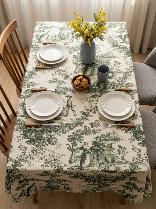 Green Toile de Jouy Cotton Table Cover | French Print Tablecloth