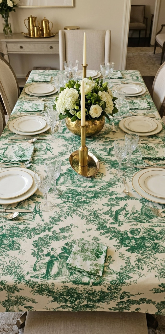 Green Toile de Jouy Table Cover & Napkins Set | Table Cover with 6 Scallop Napkins