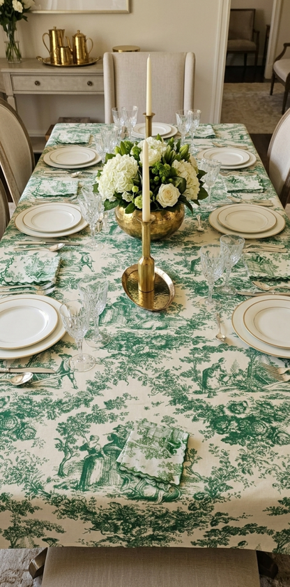 Green Toile de Jouy Table Cover & Napkins Set | Table Cover with 6 Scallop Napkins