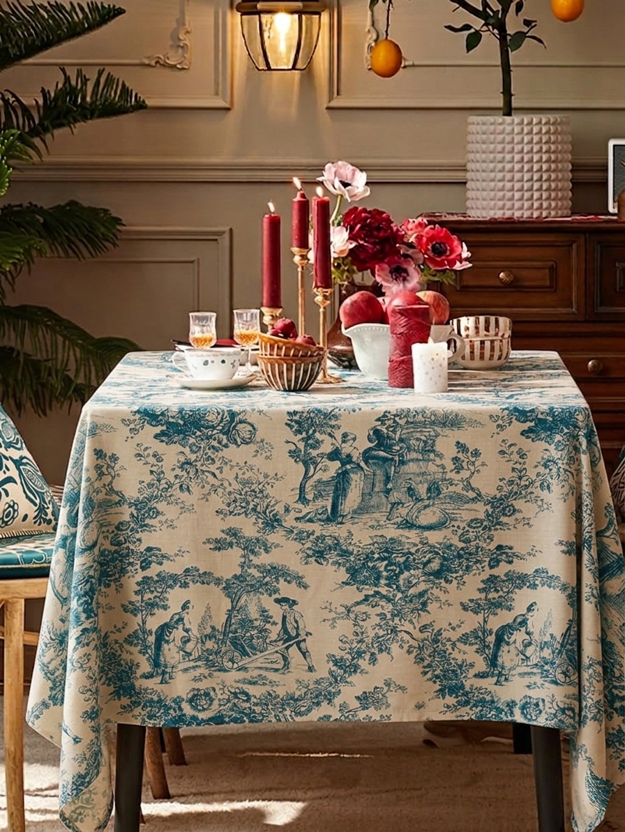 Blue Toile de Jouy Cotton Table Cover | French Print Tablecloth