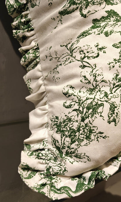Close-up of green Toile pattern on cotton cushion - Viraasa