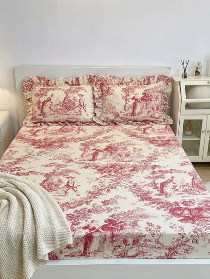 Red Toile de Jouy Cotton Bedsheet Set of 3 | Luxury French Print Bedding