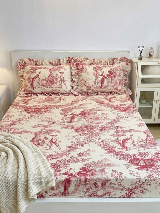Red Toile de Jouy Cotton Bedsheet Set of 3 | Luxury French Print Bedding