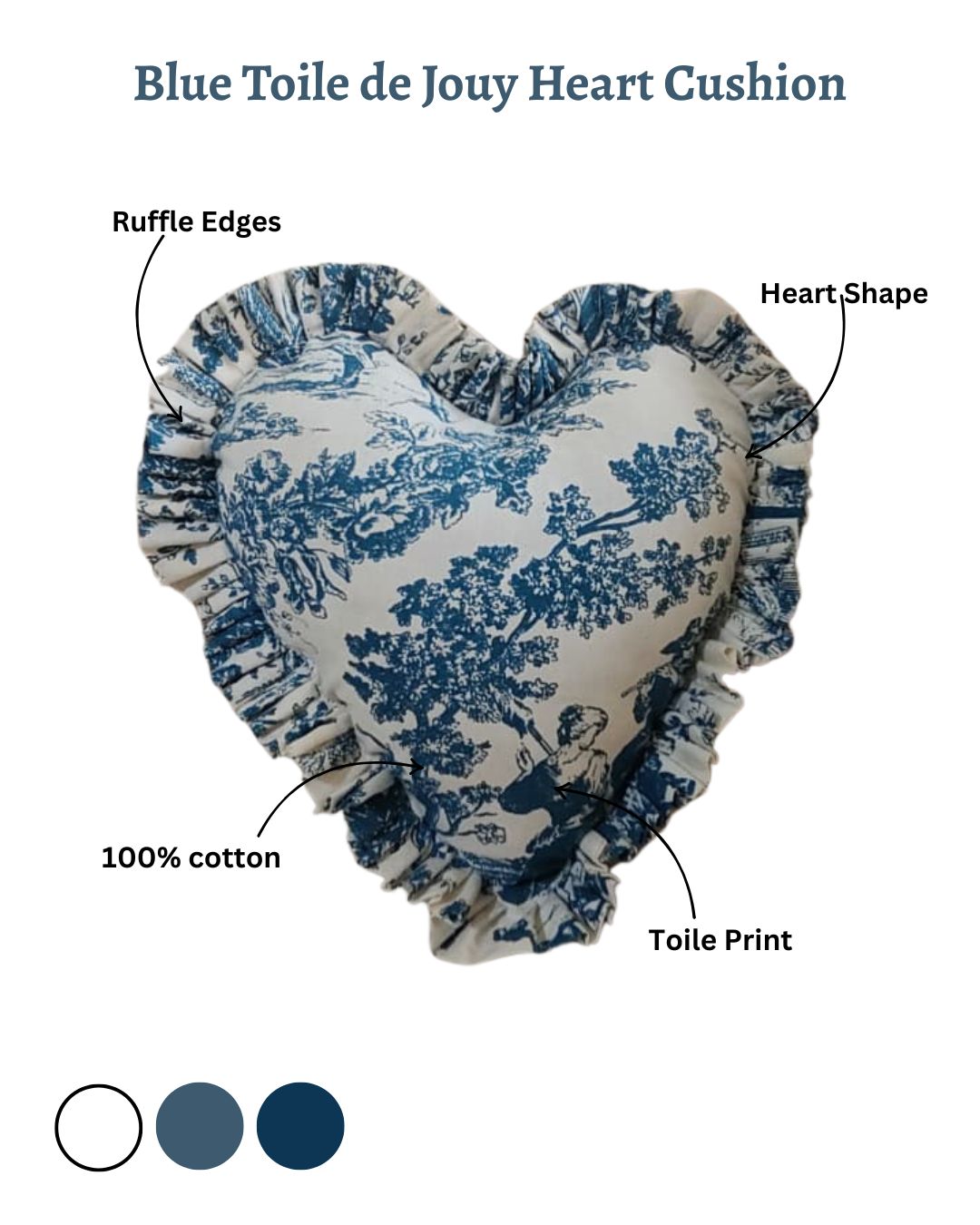 Blue Toile de Jouy Heart Filled Cushion | Vintage French Print Decor