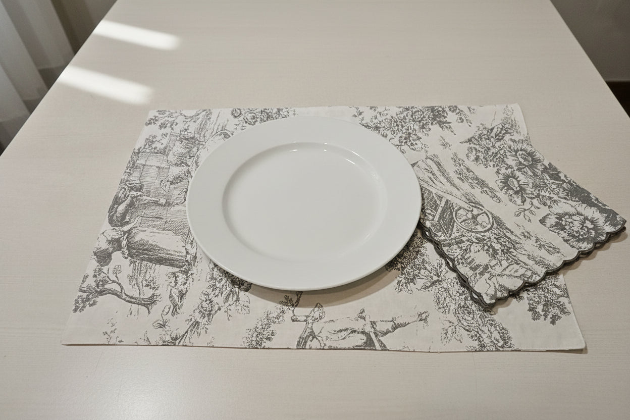White plate on a decorative placemat with a floral pattern on a white table.