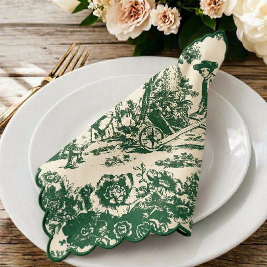 Forest Green Toile de Jouy Embroidered Napkins | Set of 6