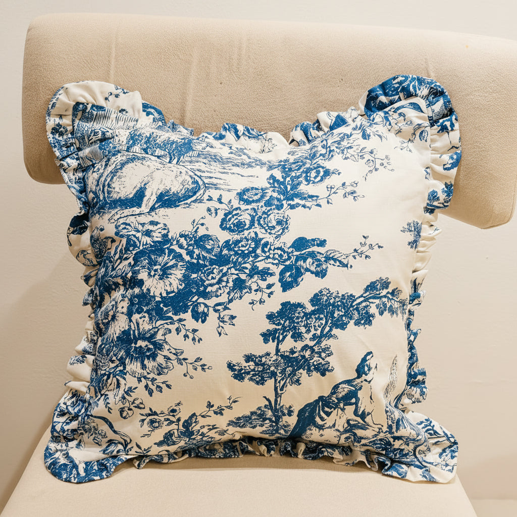 Blue Toile de Jouy print detail on cushion - Viraasa