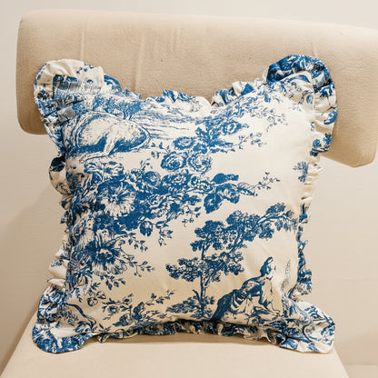 Blue Toile de Jouy print detail on cushion - Viraasa