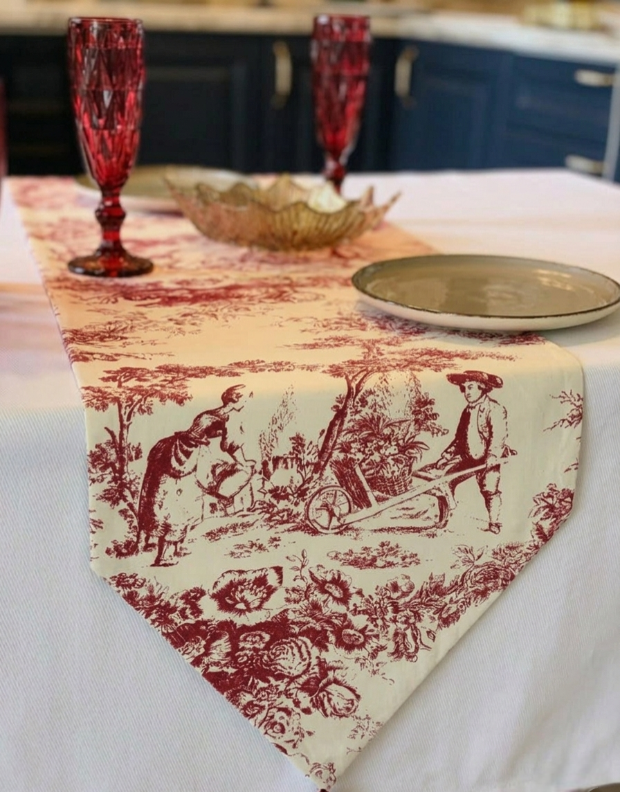 Red Toile de Jouy Crimson Cotton Table Runner | French Print Dining