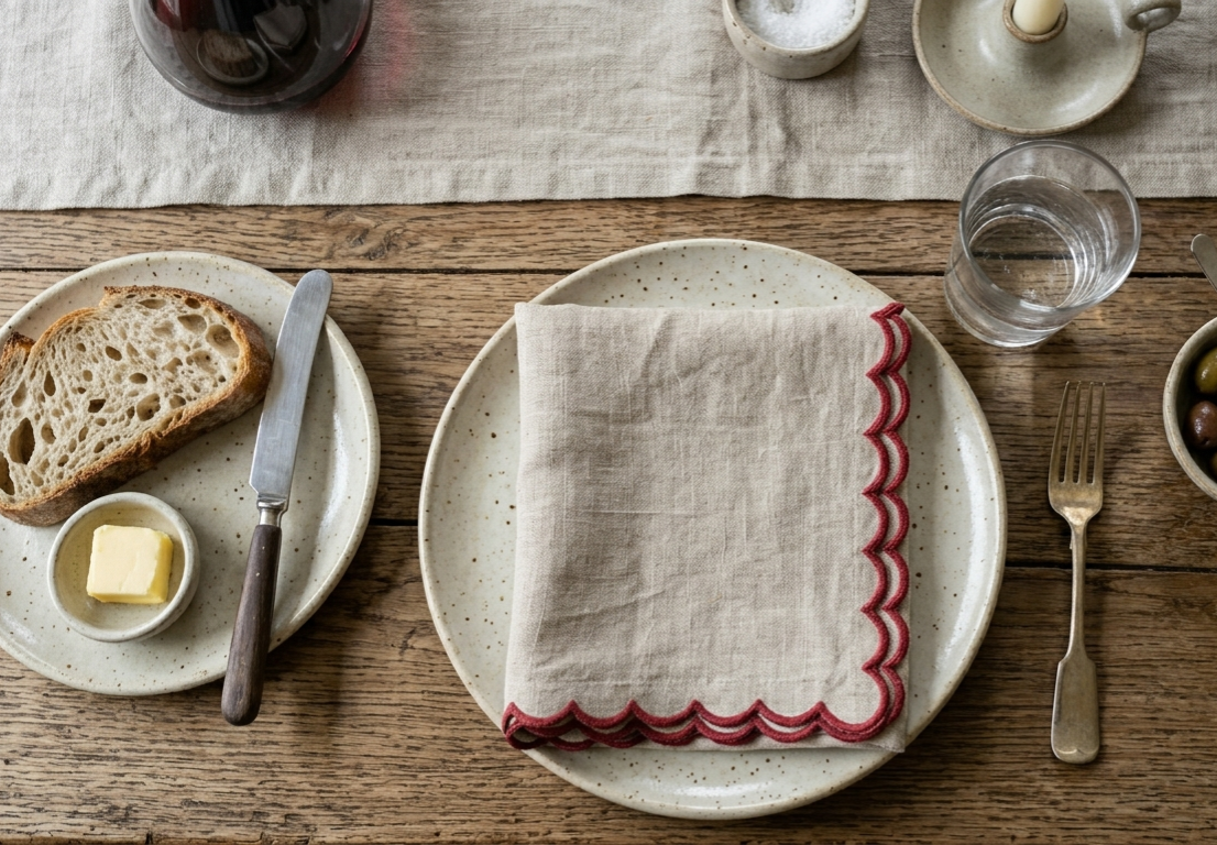 Beige Ember Scallop Embroidered Cotton Napkins Set of 6 | Dining Decor