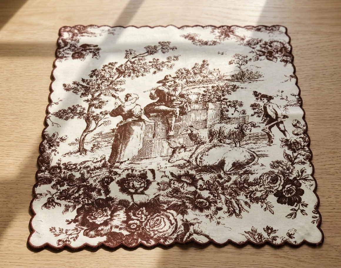 Cocoa Brown Toile de Jouy Scallop Napkins | Embroidered Set of 6