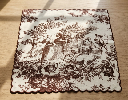Cocoa Brown Toile de Jouy Scallop Napkins | Embroidered Set of 6