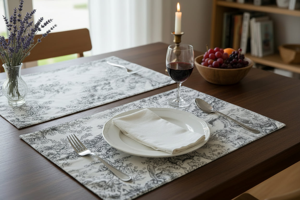 Grey floral and nature-themed design on a white background mat