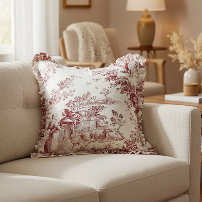 Red Toile de Jouy Cushion Cover - Viraasa luxury French print home decor