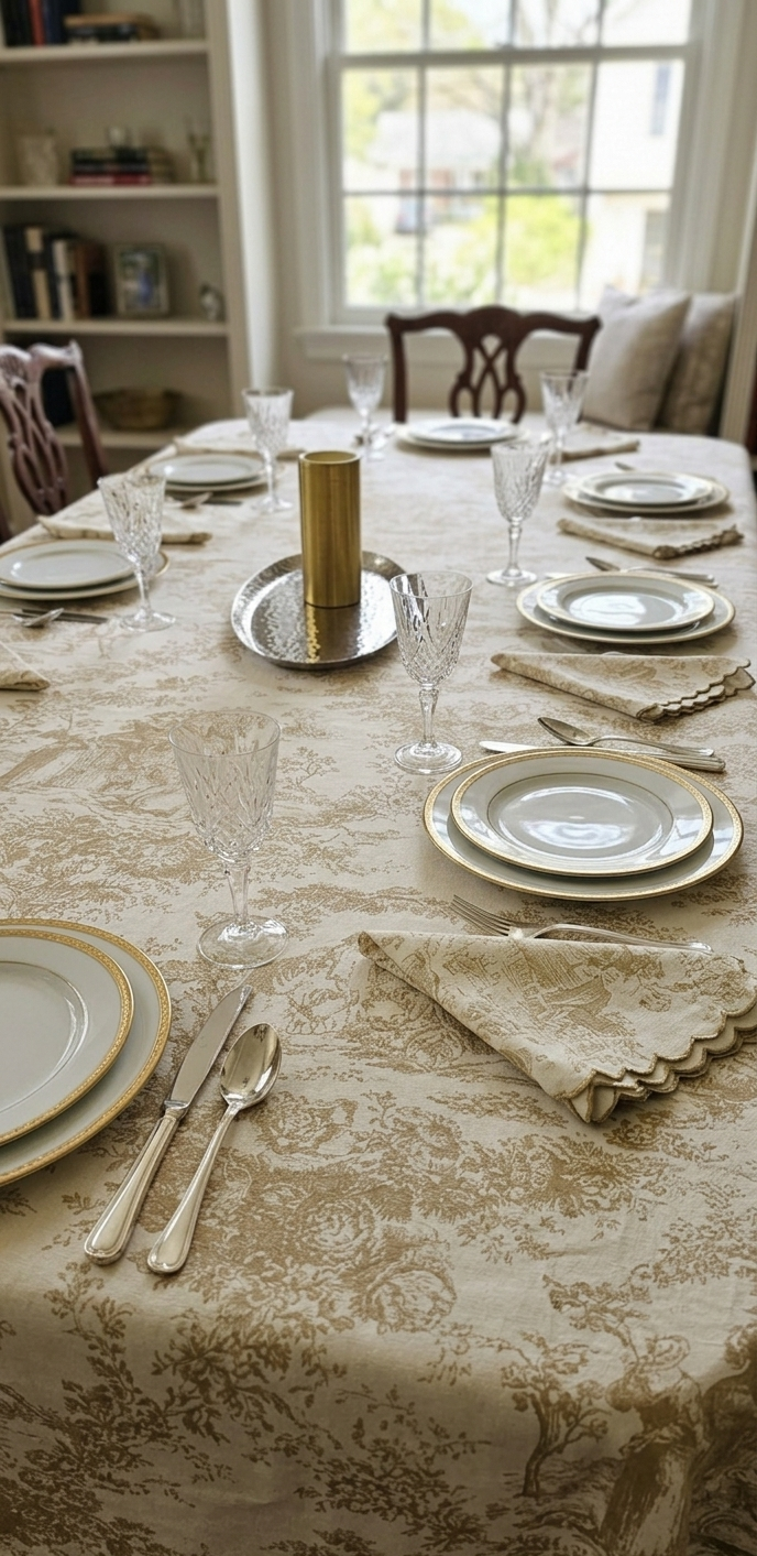 Beige Toile de Jouy Table Cover & Napkins Set | Table Cover with 6 Scallop Napkins