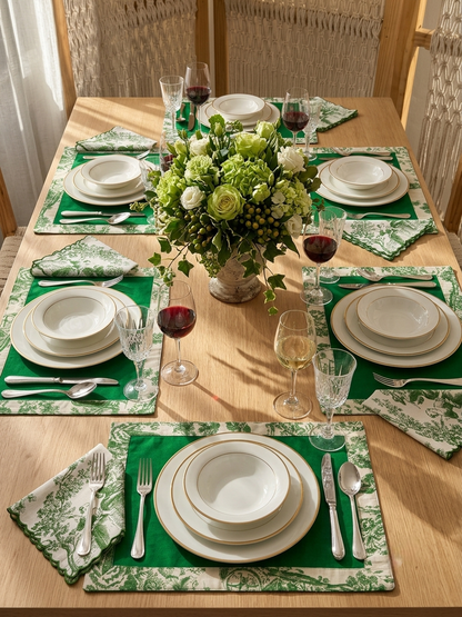 Green Toile Frame & Napkin Set | Toile Frame Placemats with Scalloped Napkins Set of 6