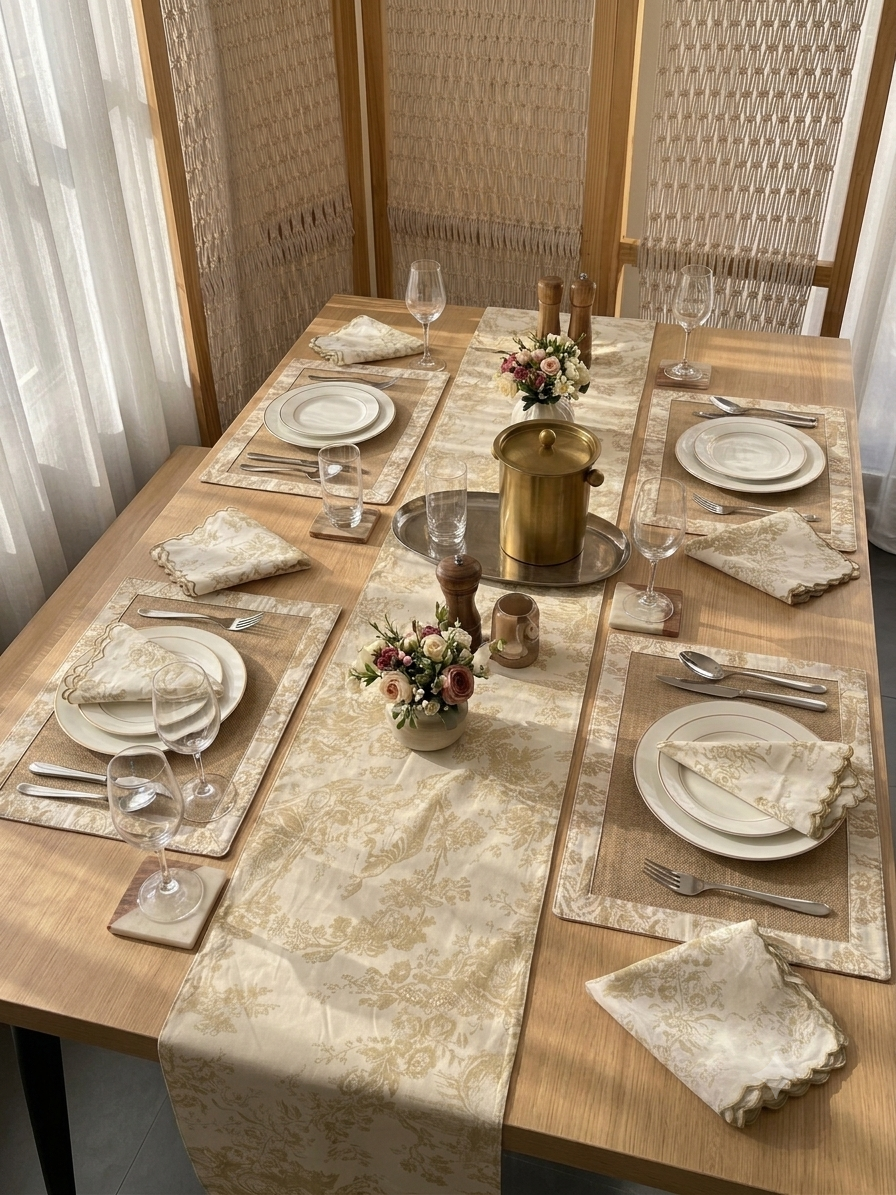 Beige Toile Frame Table | Runner, Placemats & Scalloped Napkins Set