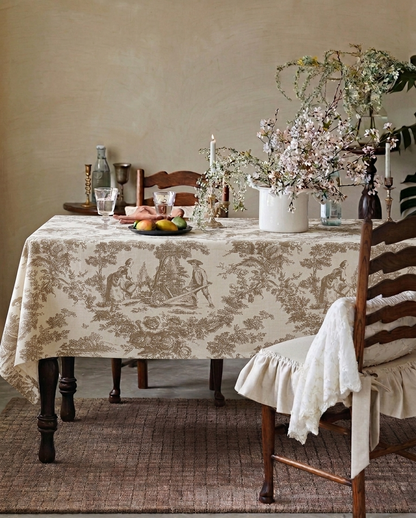Beige Toile de Jouy Cotton Table Cover | French Print Tablecloth