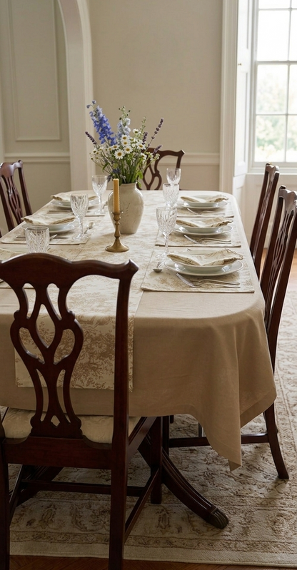 Beige Toile de Jouy Complete Table Setting | Solid Cover, Runner, Placemats & Napkins Set