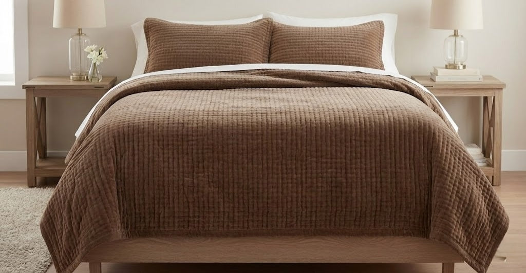 Brown Velvet Quilted Bedcover Set | Premium Cotton Velvet Bedding