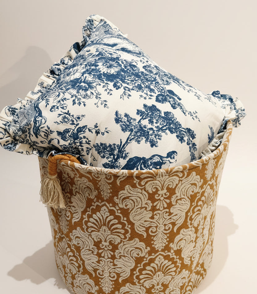 Back view of Blue Toile de Jouy cushion - Viraasa