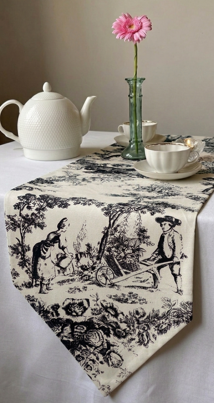 Black Toile de Jouy Noir Cotton Table Runner | French Print Dining