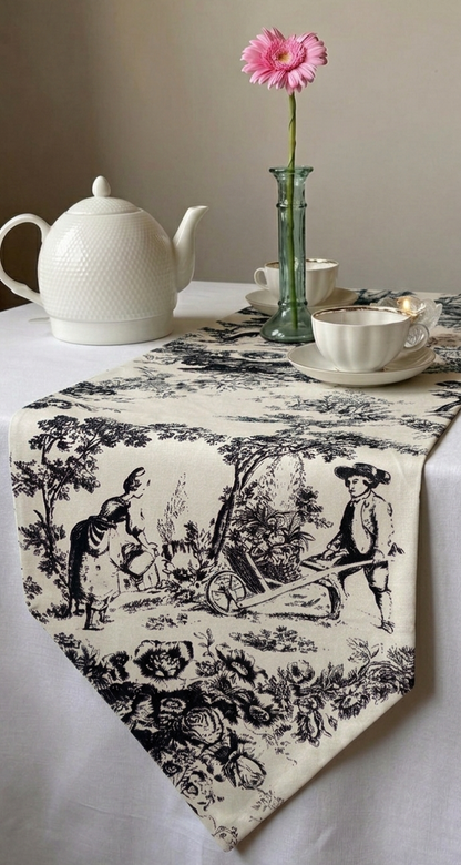 Black Toile de Jouy Noir Cotton Table Runner | French Print Dining