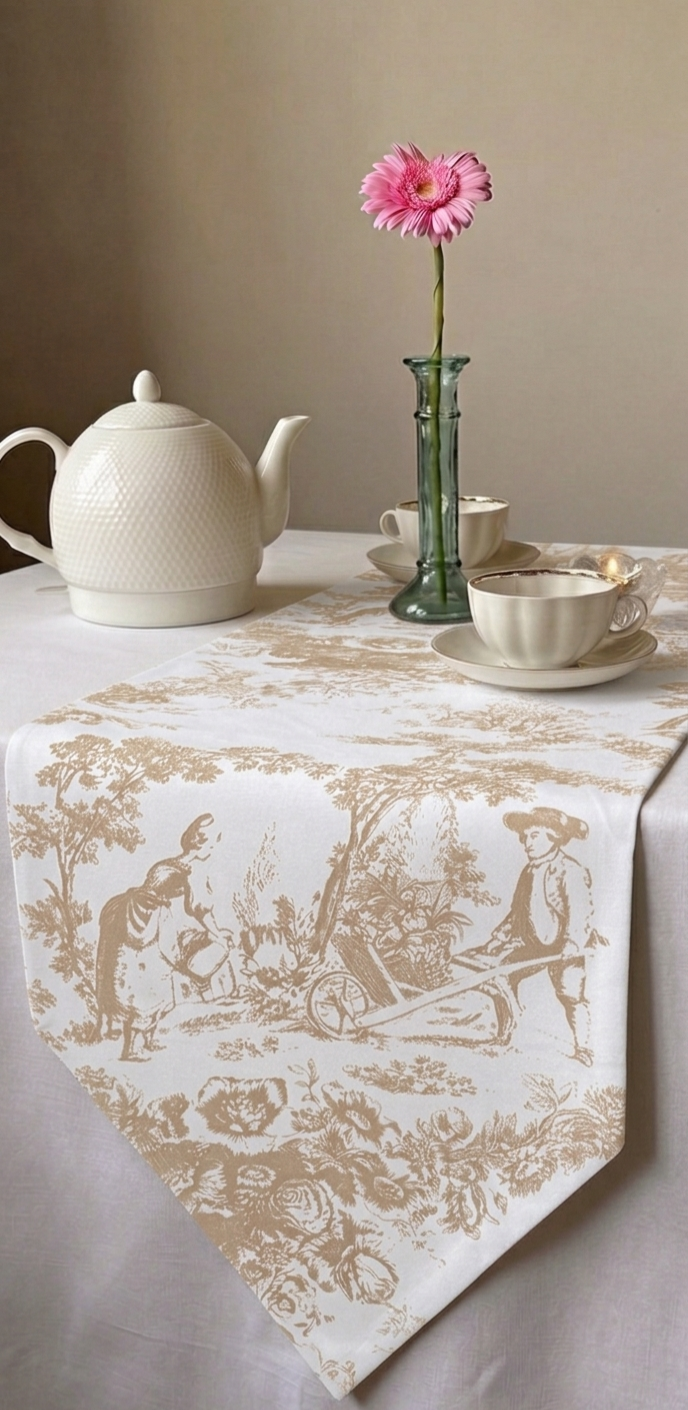 Beige Toile de Jouy Cotton Table Runner | French Print Dining Runner