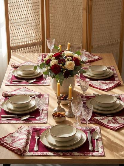 Red Toile Frame & Napkin Set | Toile Frame Placemats with Scalloped Napkins Set of 6