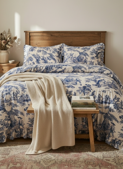 Blue Toile de Jouy 3-Piece Comforter Set | Luxury French Print Bedding