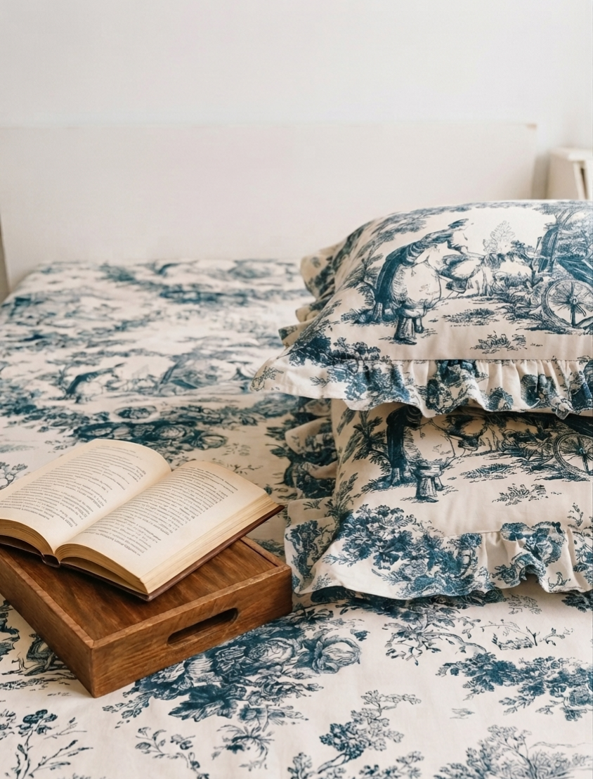 Blue Toile de Jouy Cotton Bedsheet Set of 3 | Luxury French Print Bedding