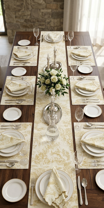 Beige Toile de Jouy Table Trio | Runner, Placemats & Napkins Set for 6
