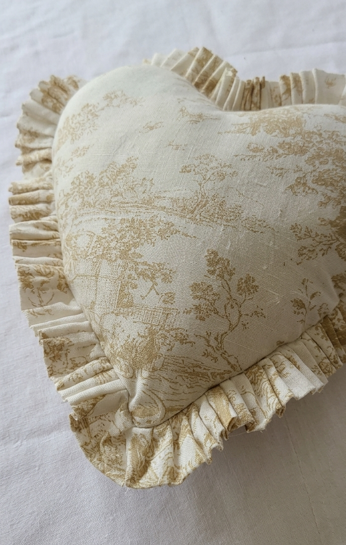 Beige Toile de Jouy Heart Filled Cushion | Vintage French Print Decor
