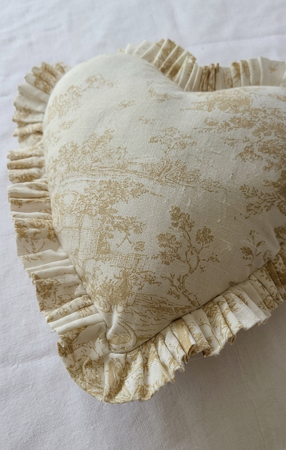 Beige Toile de Jouy Heart Filled Cushion | Vintage French Print Decor