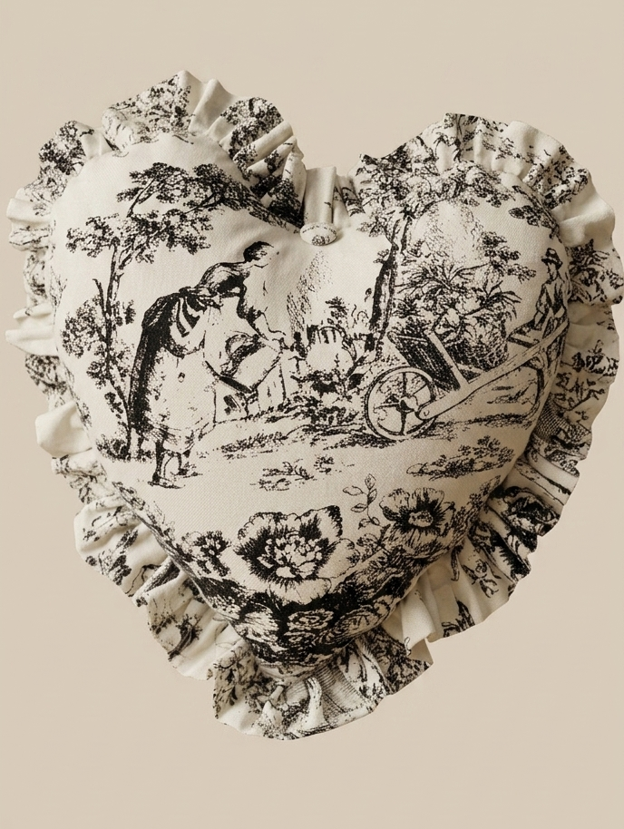 Black Toile de Jouy Heart Filled Cushion | Vintage French Print Decor