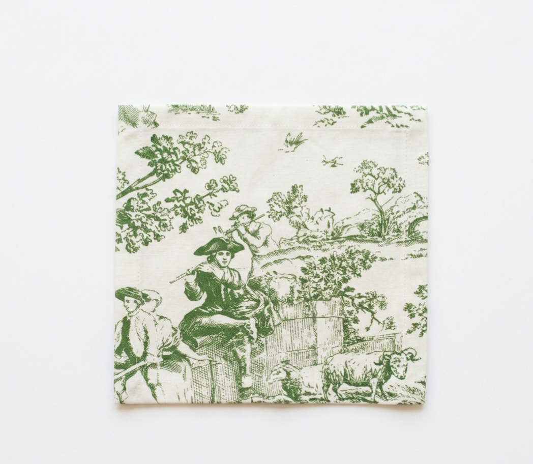 Green Toile de Jouy print detail on cocktail napkin - Viraasa