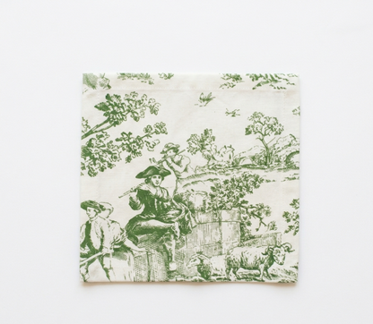 Green Toile de Jouy print detail on cocktail napkin - Viraasa