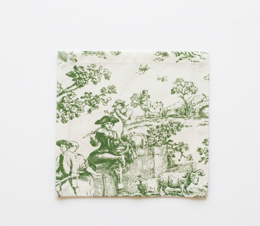 Green Toile de Jouy print detail on cocktail napkin - Viraasa