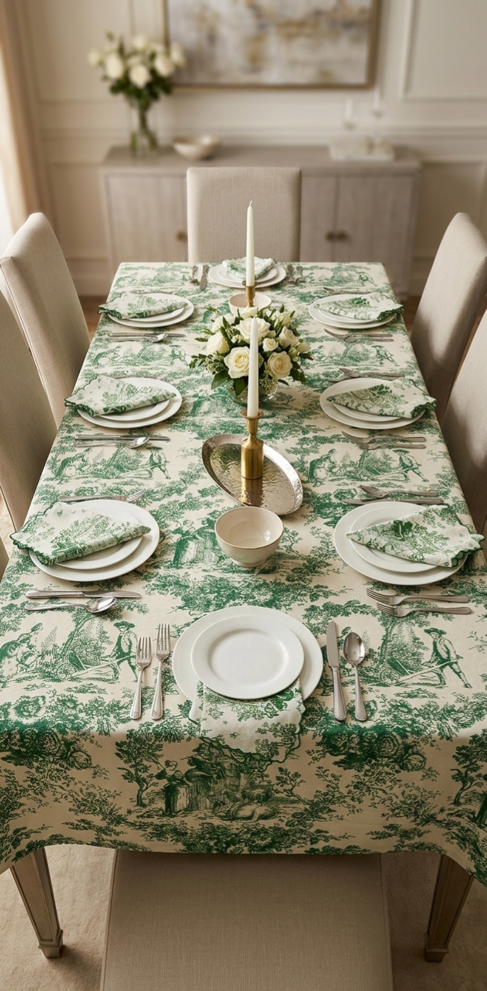 Green Toile de Jouy Table Cover & Napkins Set | Table Cover with 6 Scallop Napkins