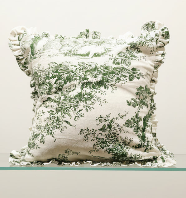 Green Toile de Jouy print detail on cushion - Viraasa