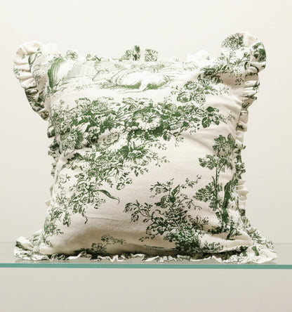 Green Toile de Jouy print detail on cushion - Viraasa