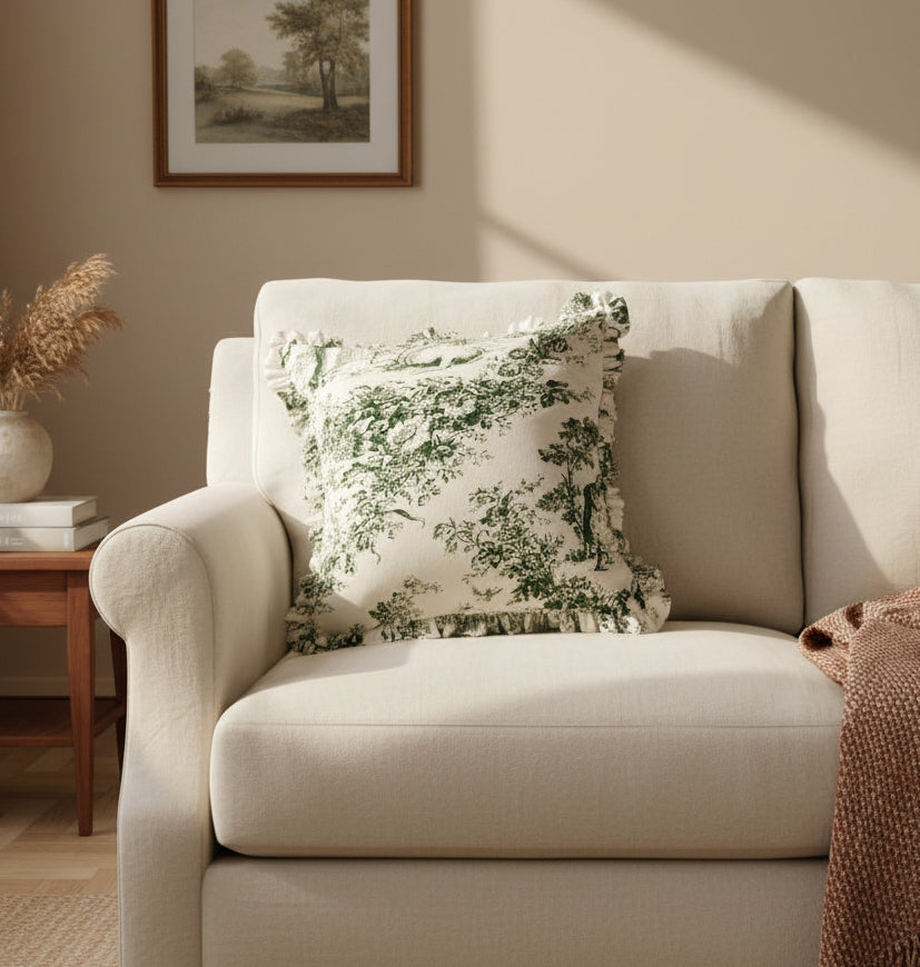 Green Toile de Jouy Cushion Cover - Viraasa luxury French print home decor