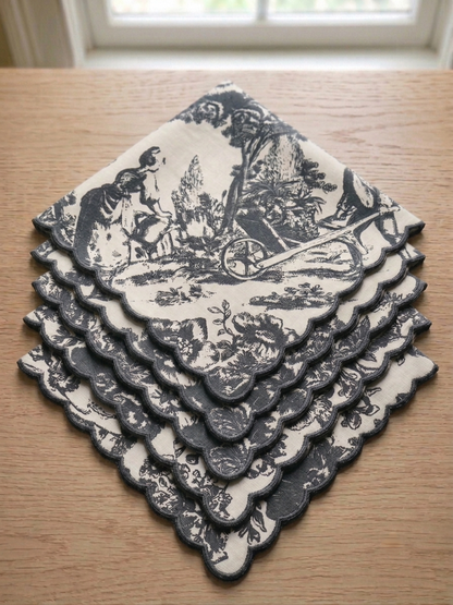 Smoke Grey Toile de Jouy Dinner Napkins | Embroidered Set of 6