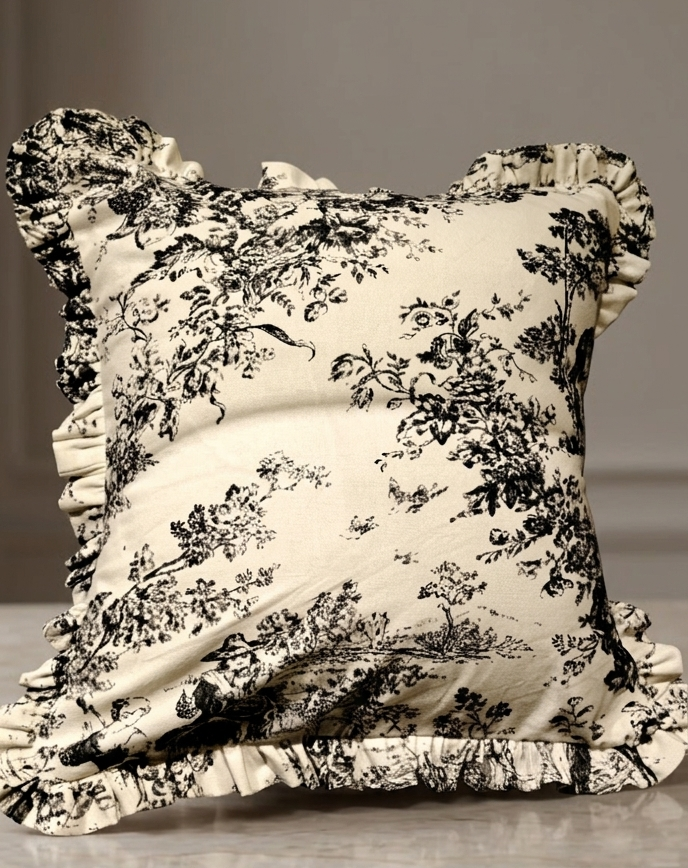 Close-up of black Toile pattern on cotton cushion - Viraasa