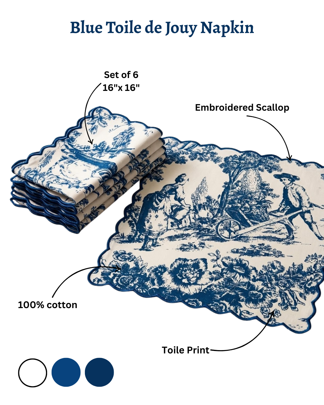Indigo Blue Toile de Jouy Napkins with Scallop Edge | Set of 6