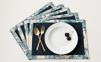 Blue Toile Frame Placemat Set of 6 | Double Layer Organic Cotton