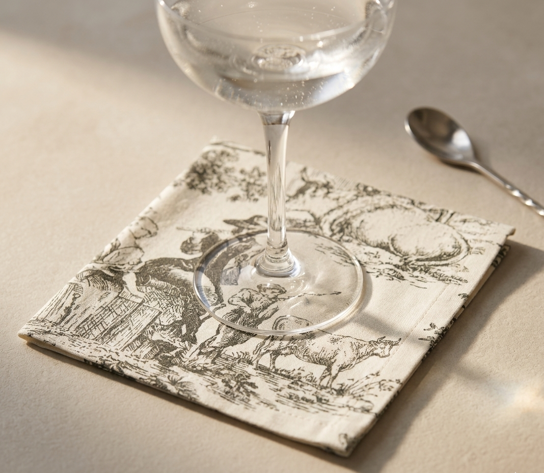 Grey Toile cocktail napkins styled on dining table - Viraasa