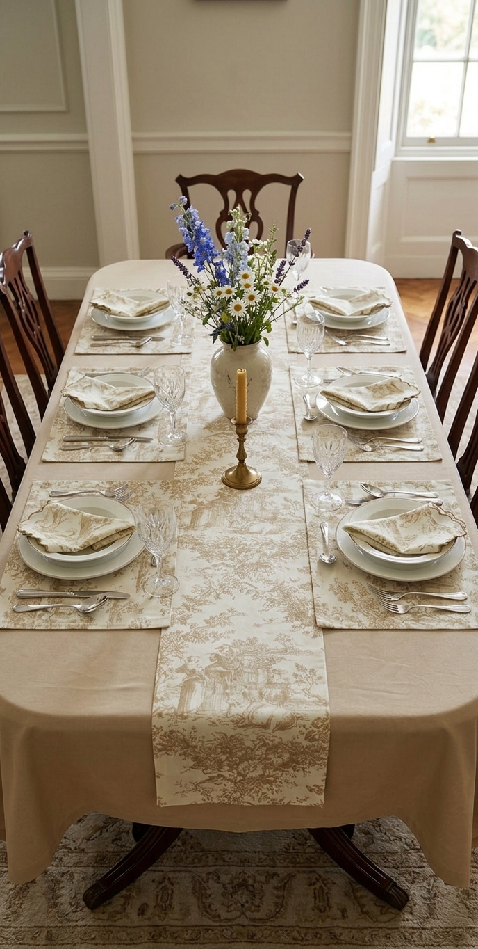 Beige Toile de Jouy Complete Table Setting | Solid Cover, Runner, Placemats & Napkins Set