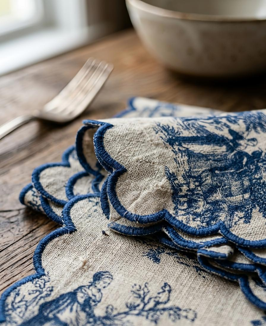Stack of blue and white patterned napkins on a wooden table with a bowl and fork in the background.