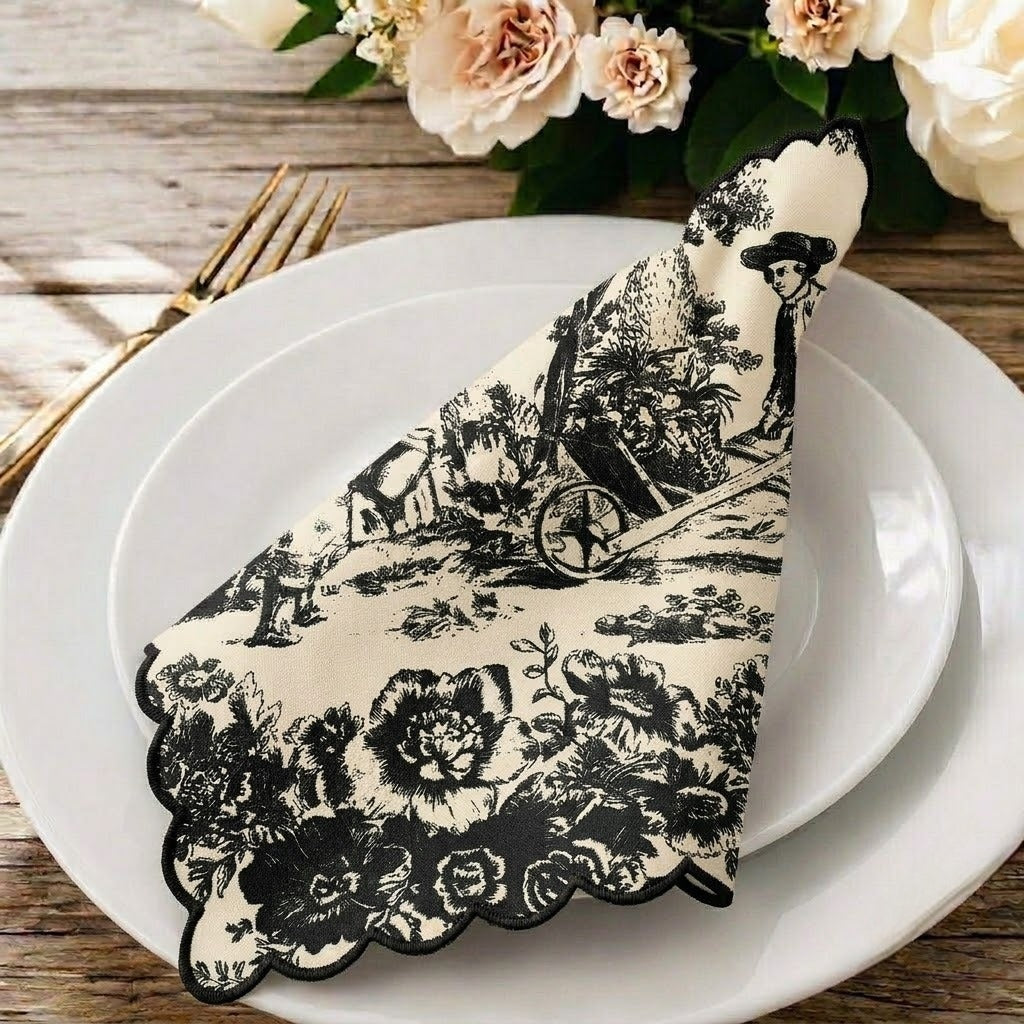 Noir Black Toile de Jouy Hand-Embroidered Napkins | Set of 6